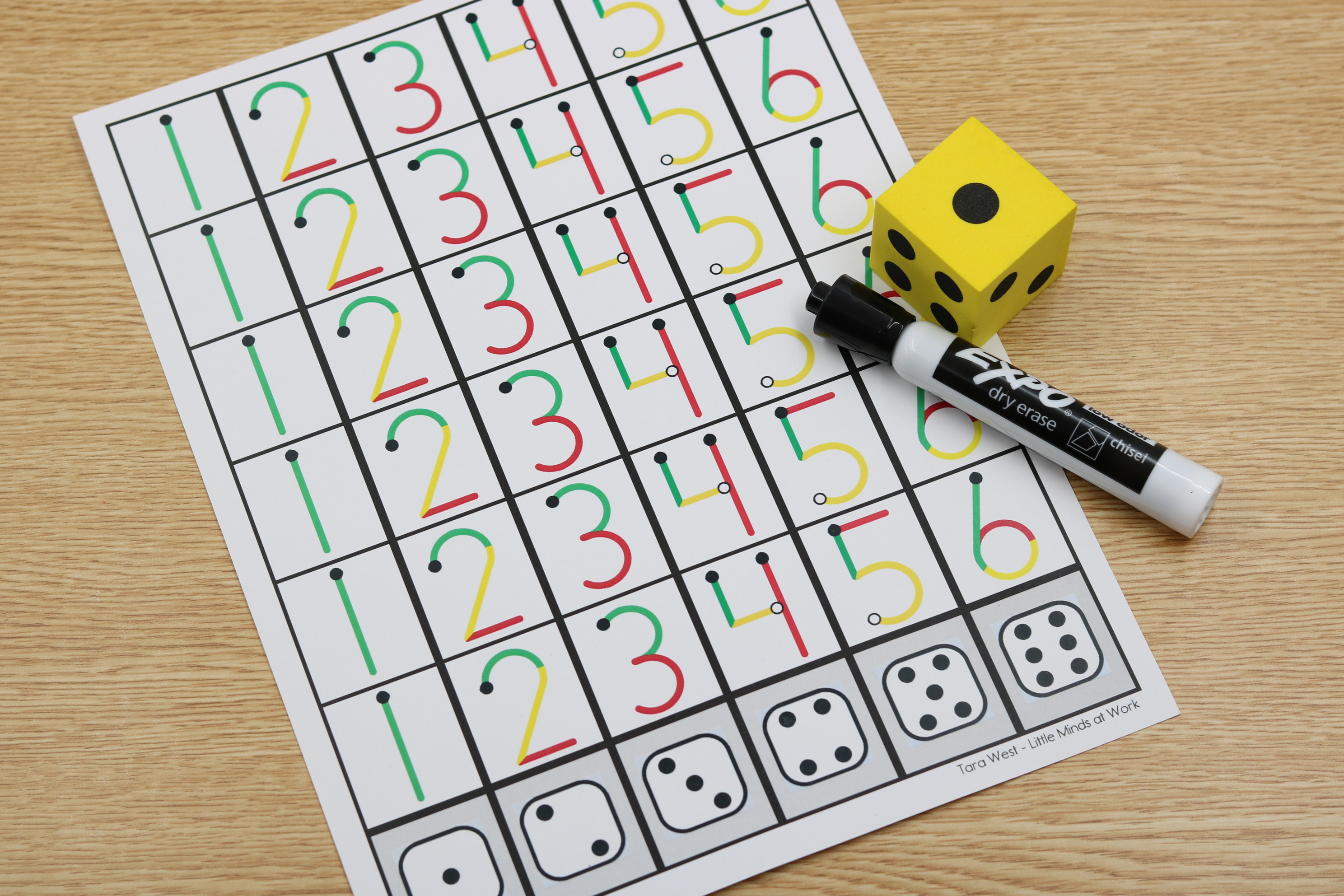 Free math roll and write numbers practice sheets