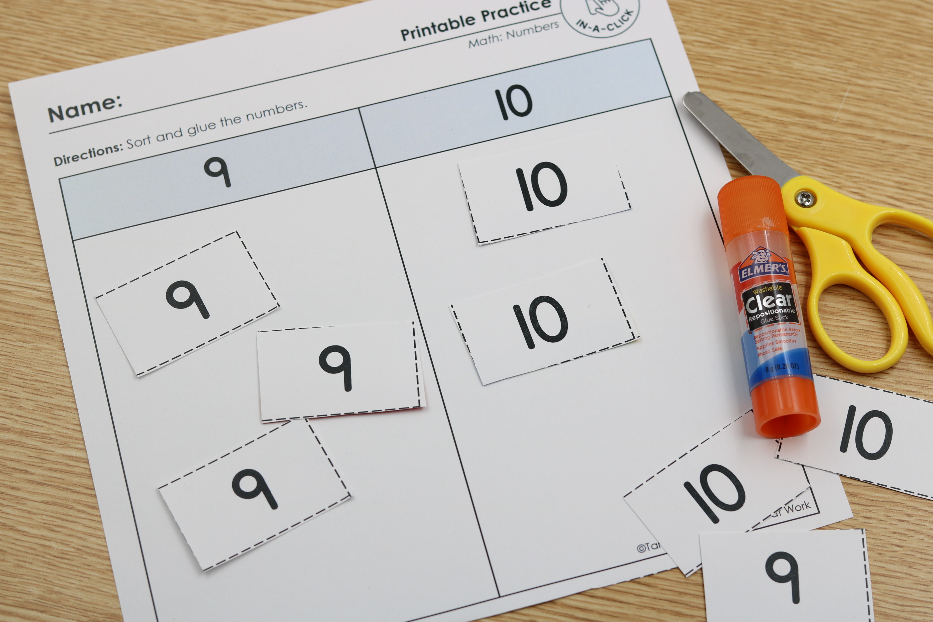 Free Numbers Sorting In-a-Click printables for 1–20 with cutting and sorting practice