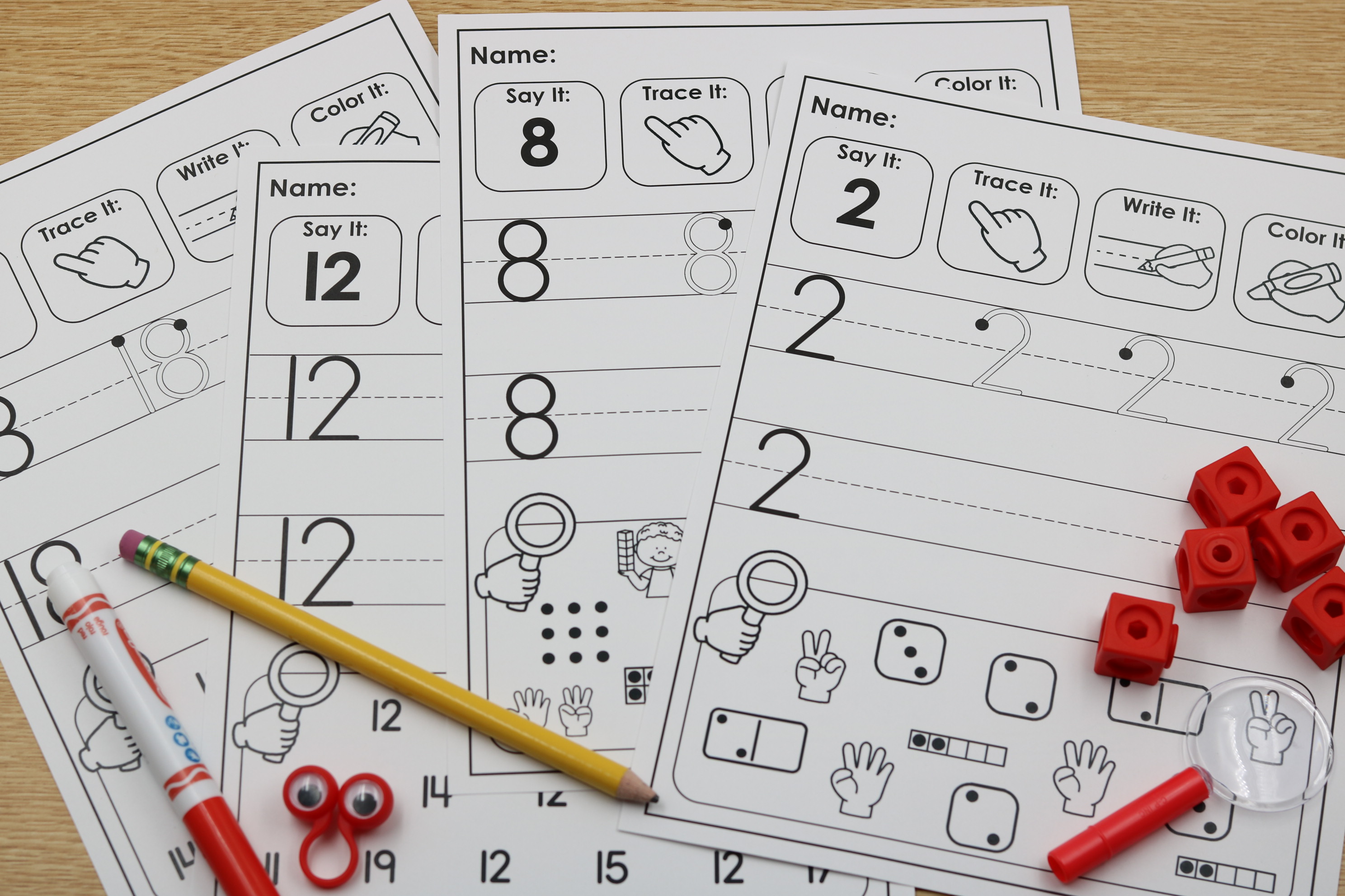 Numbers 0–20 handwriting practice worksheet with trace and write sections