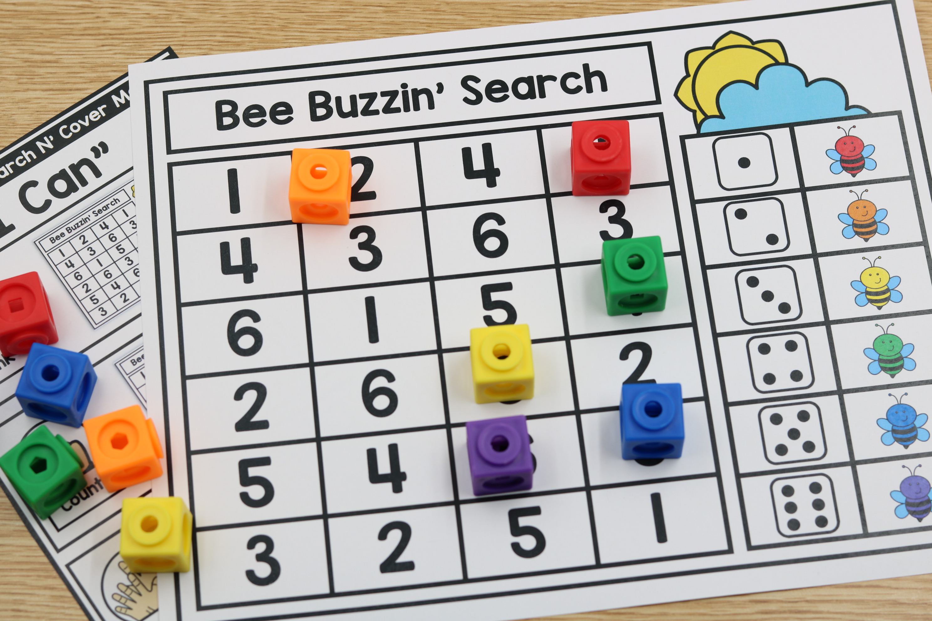 Printable bee math centers with counting clip cards and number mats