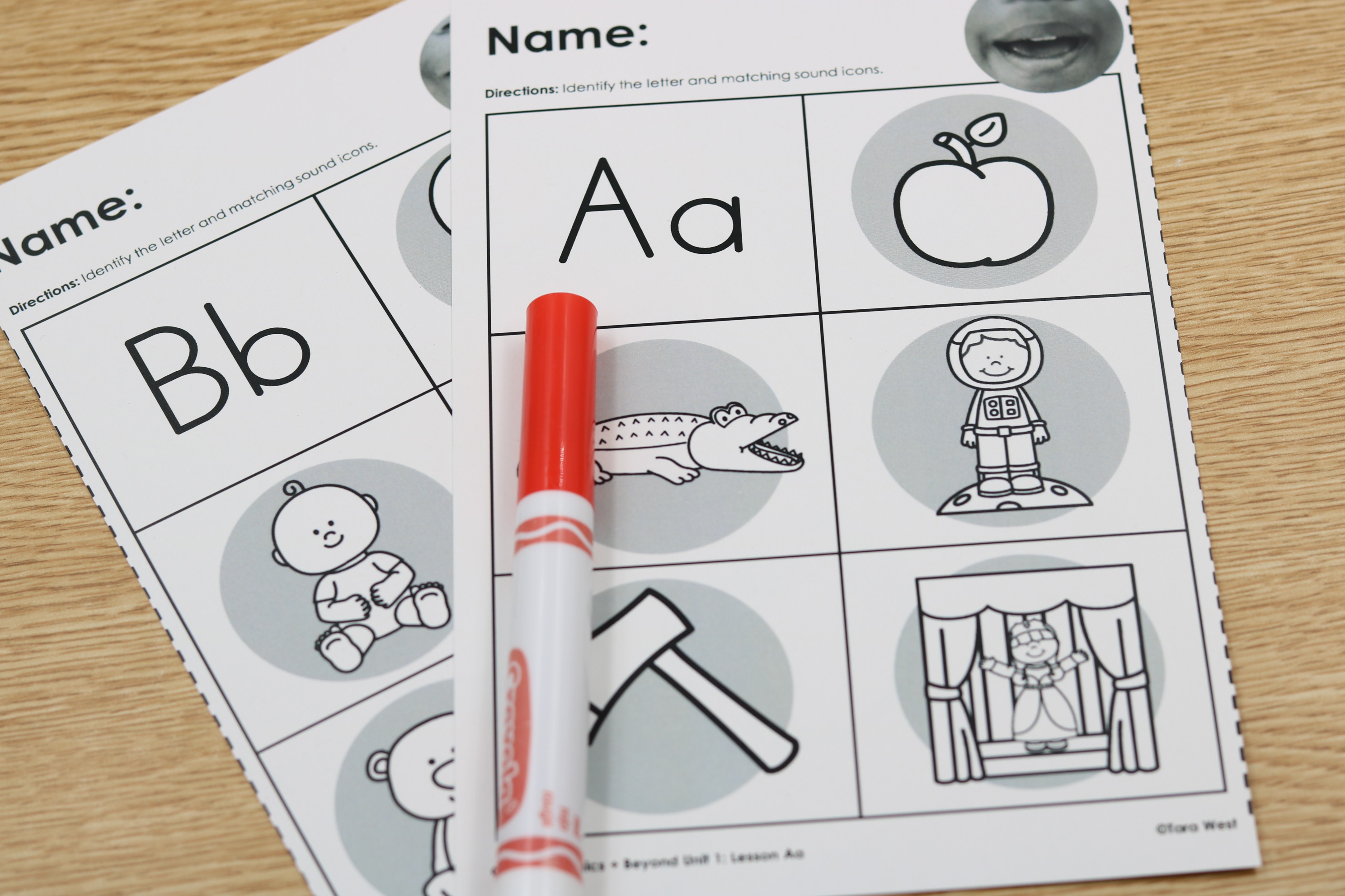 Sound-focused alphabet notebook page with focus letter, mouth formation visual, and beginning sound pictures.