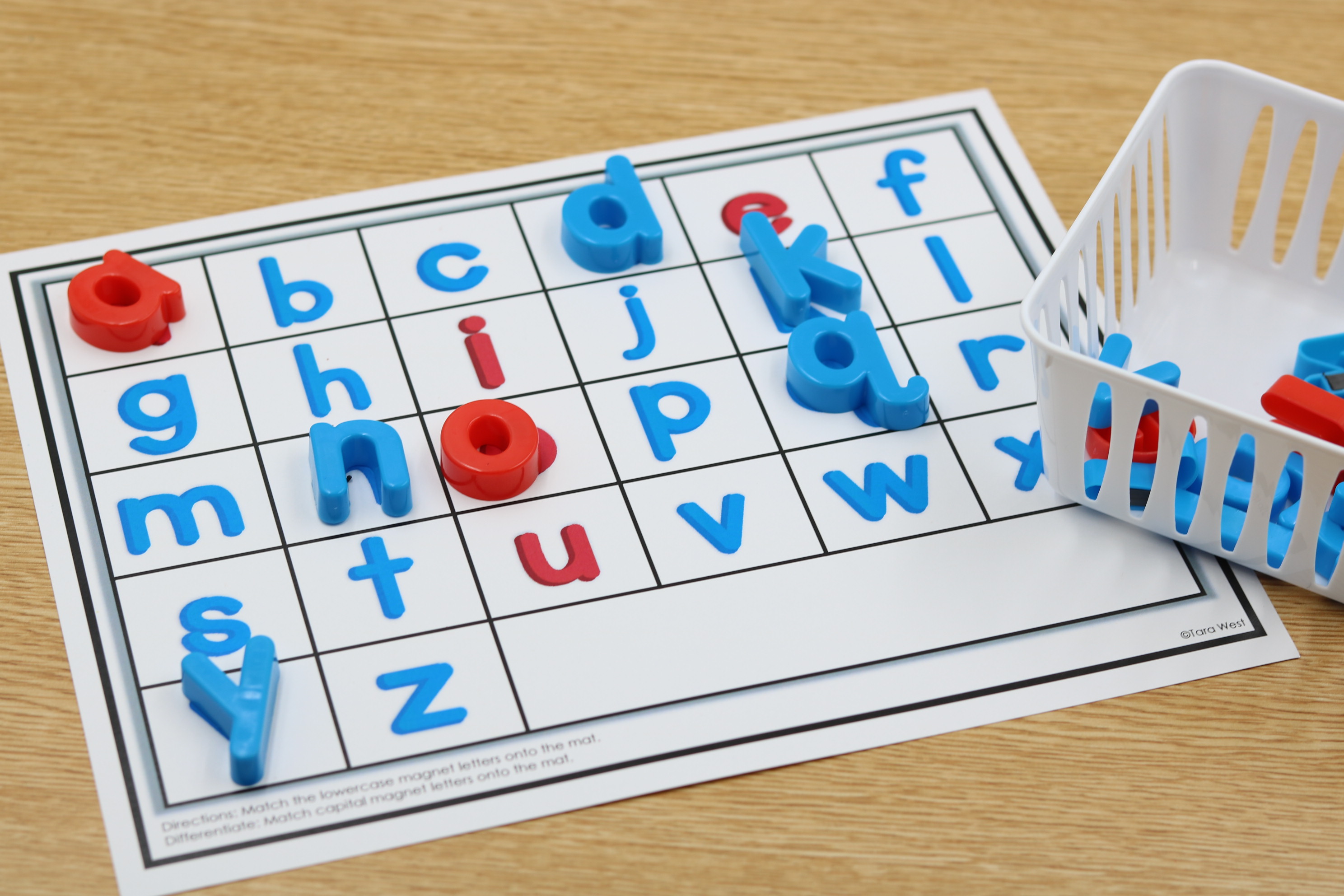 Alphabet magnetic letter mat with lowercase letters arranged in A–Z order for matching.