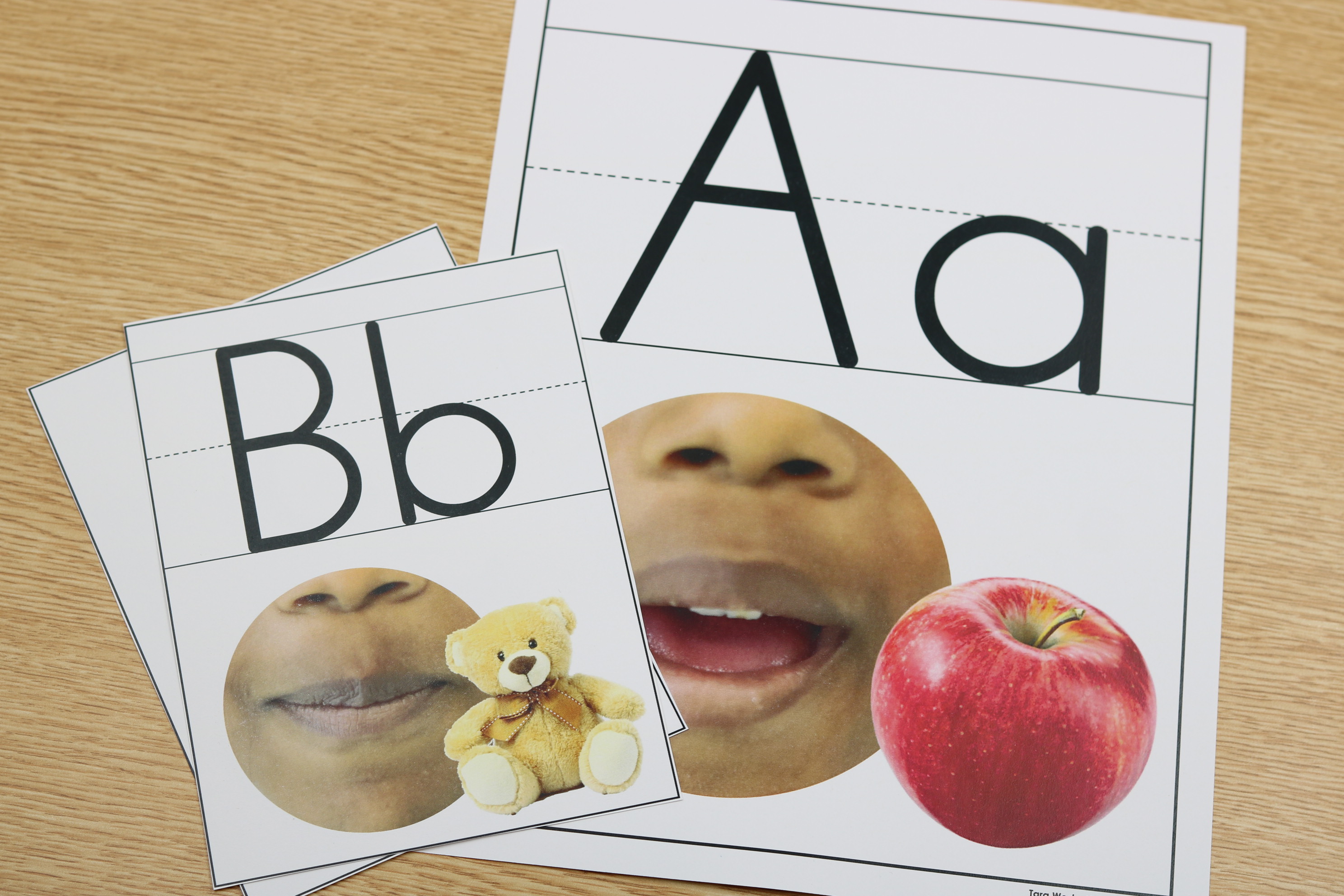 Printable alphabet posters for classroom display with fiction and nonfiction images and optional handwriting lines.
