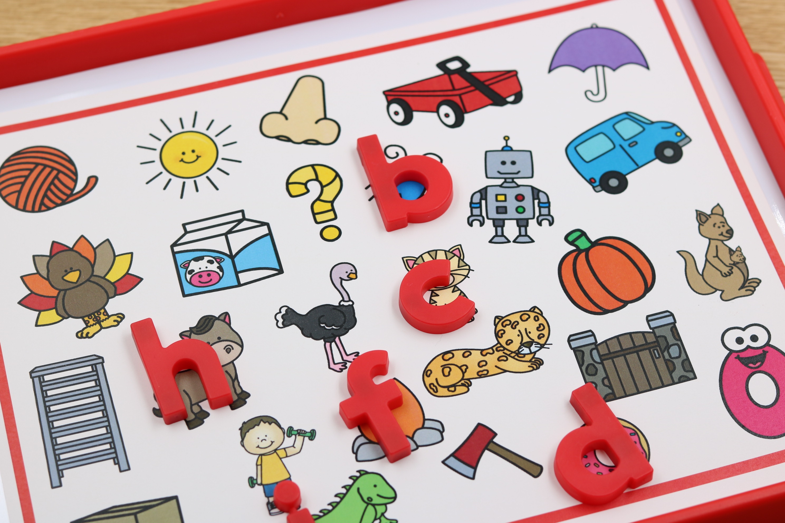 Printable alphabet and sound mats for matching rainbow magnetic letters to pictures.