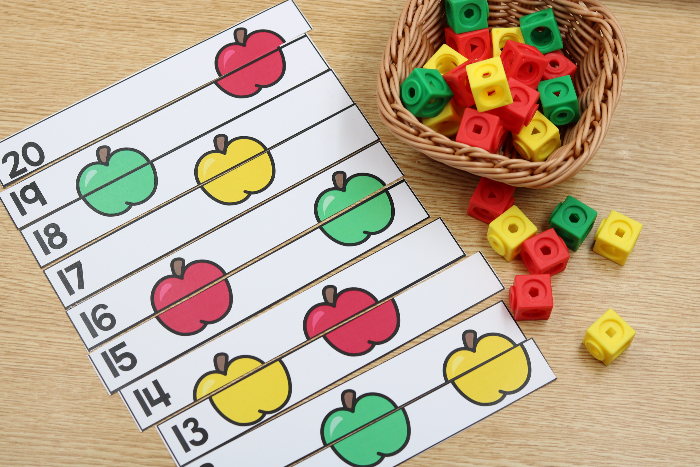 Free apple number puzzles for 1–20