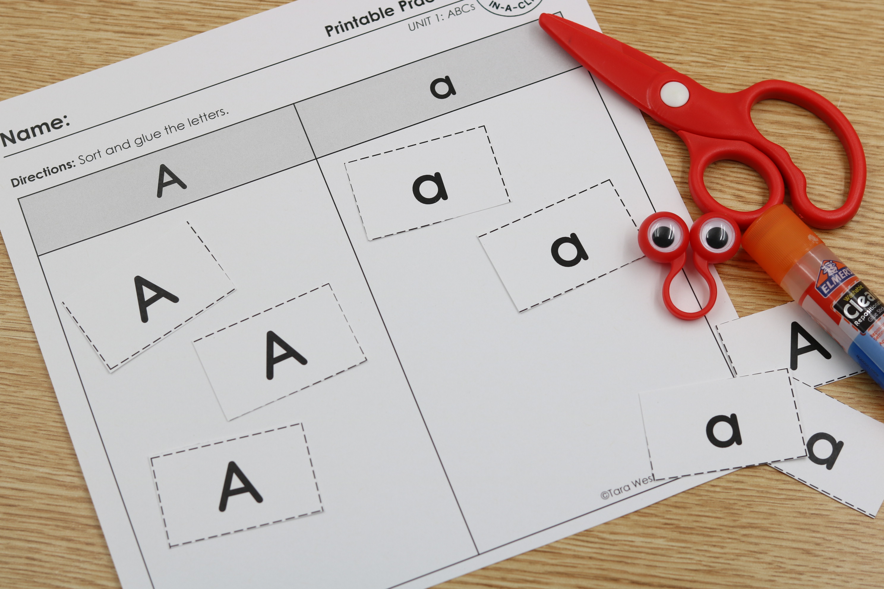 Printable letter sort activity sorting lowercase and capital letters A to Z.
