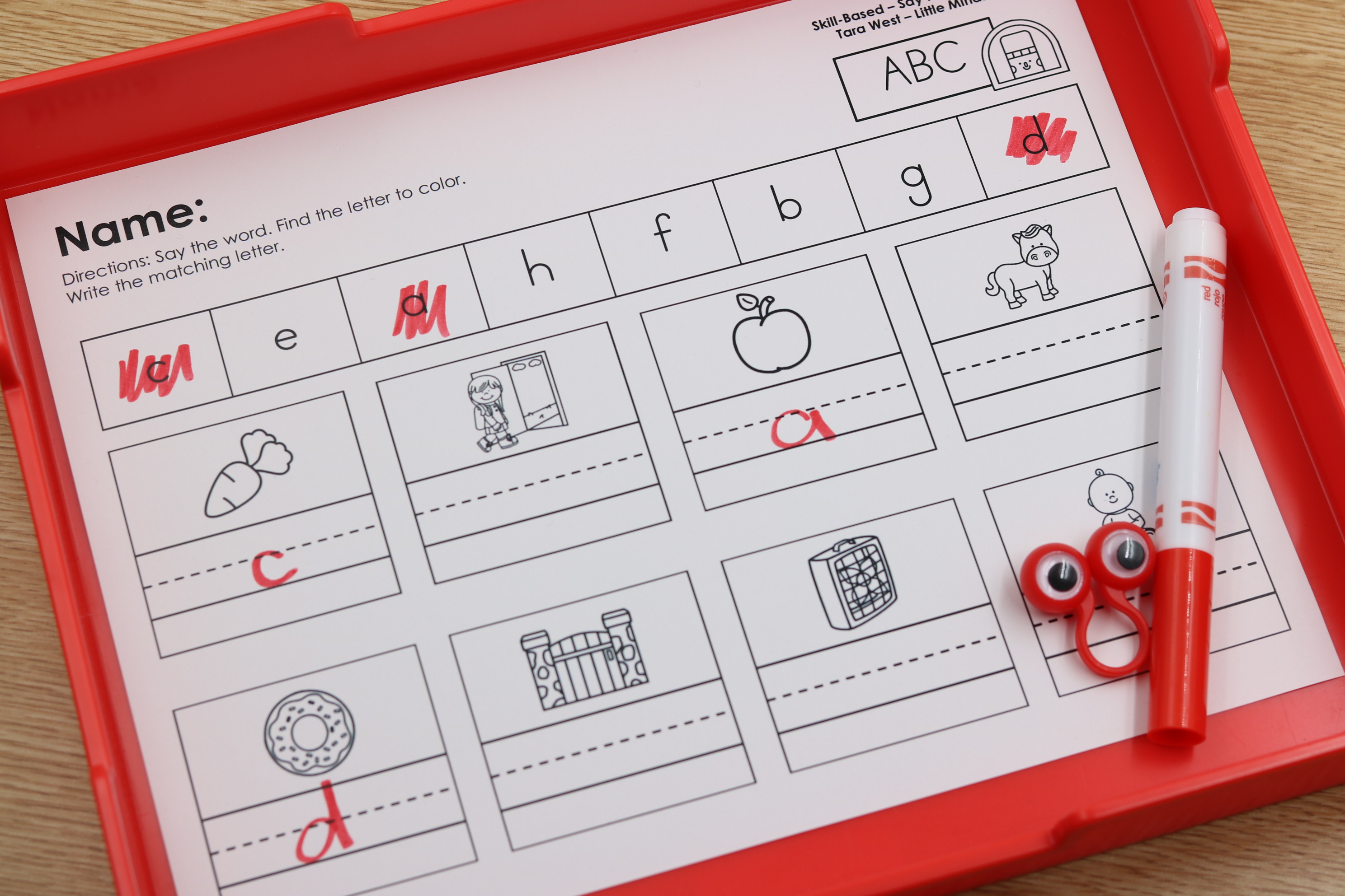 Phonics-based alphabet practice with say, find, write activities