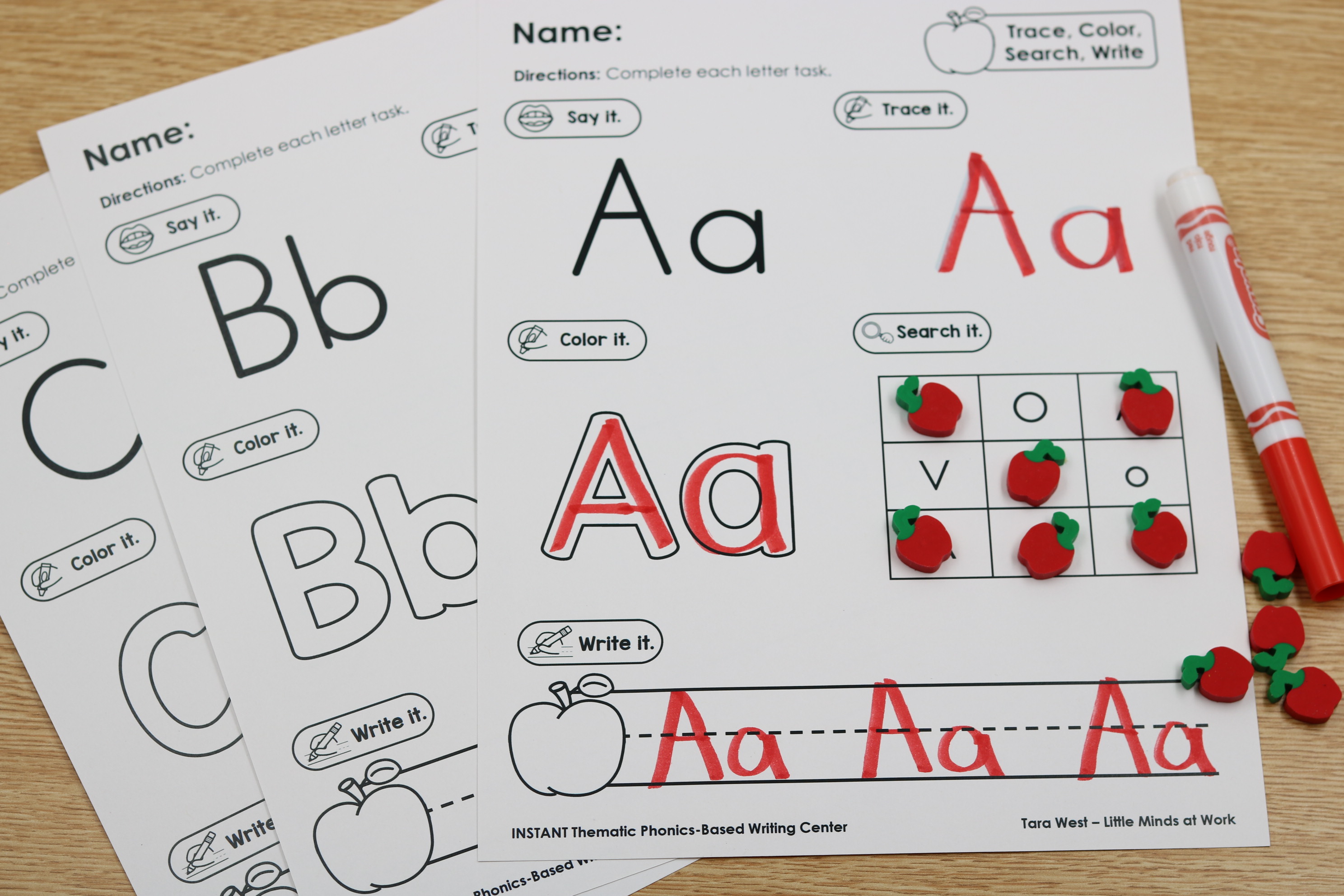 A preview of the letter A practice sheet with all activities visible