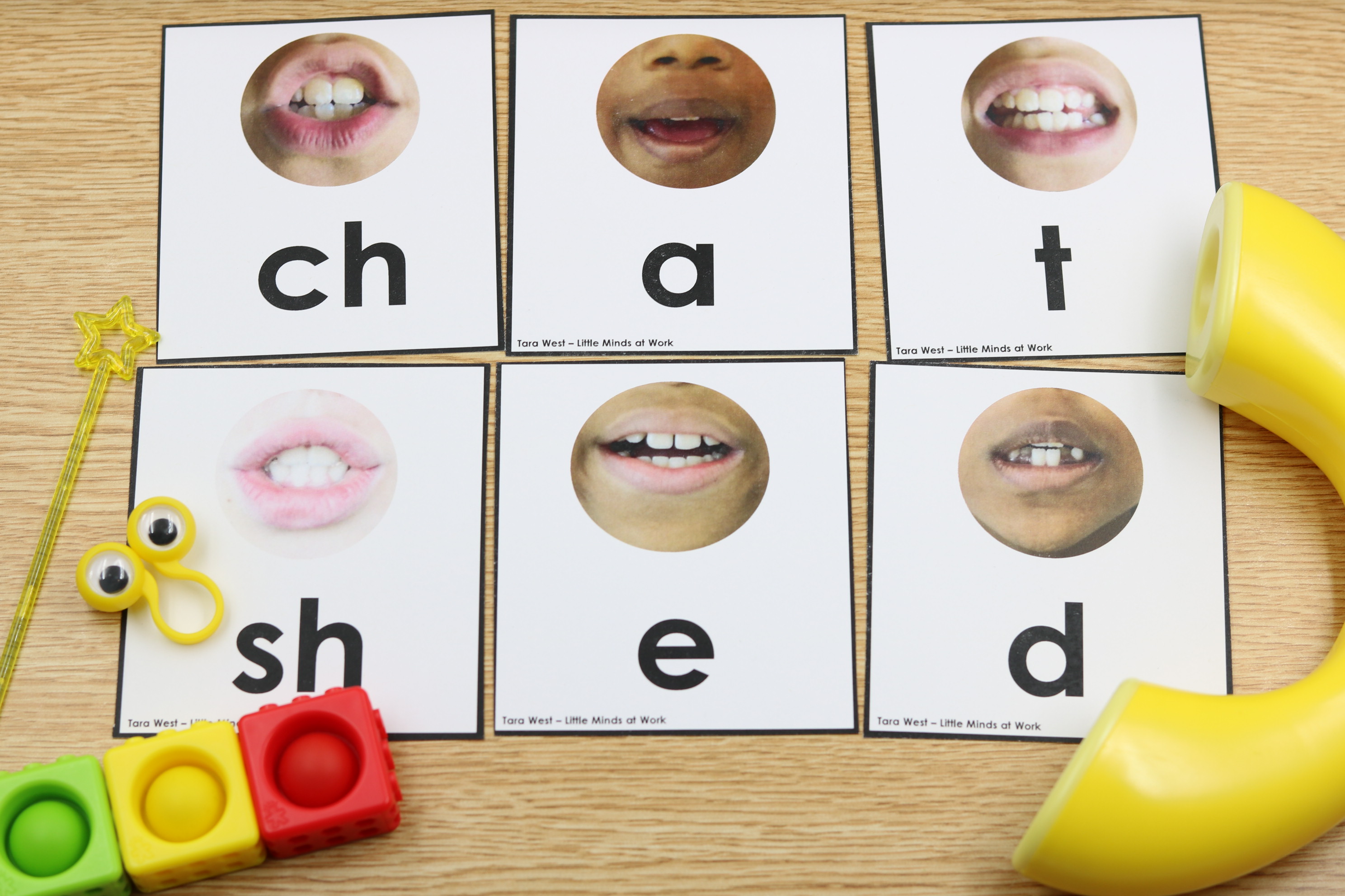 Embedded mouth cards for digraphs like sh, th, ch with articulation visuals