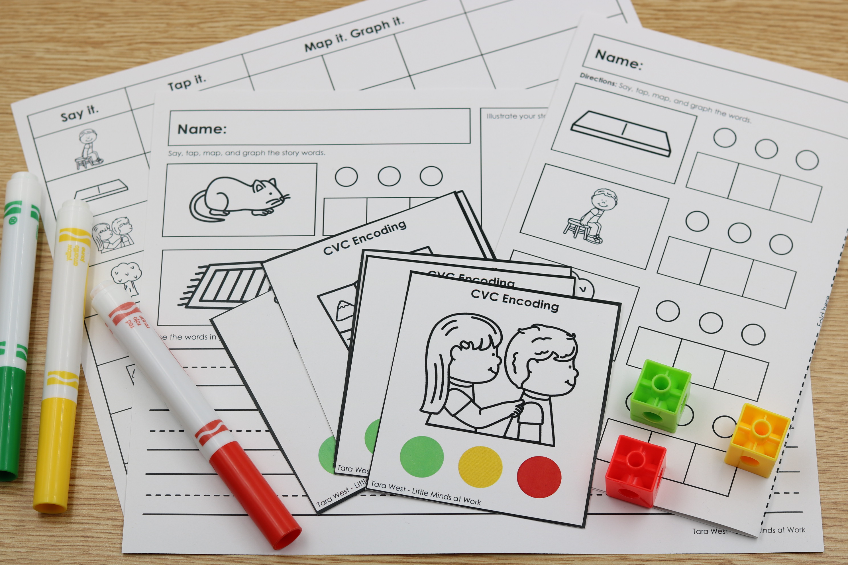 CVC encoding worksheets for students to say, tap, map, and write
