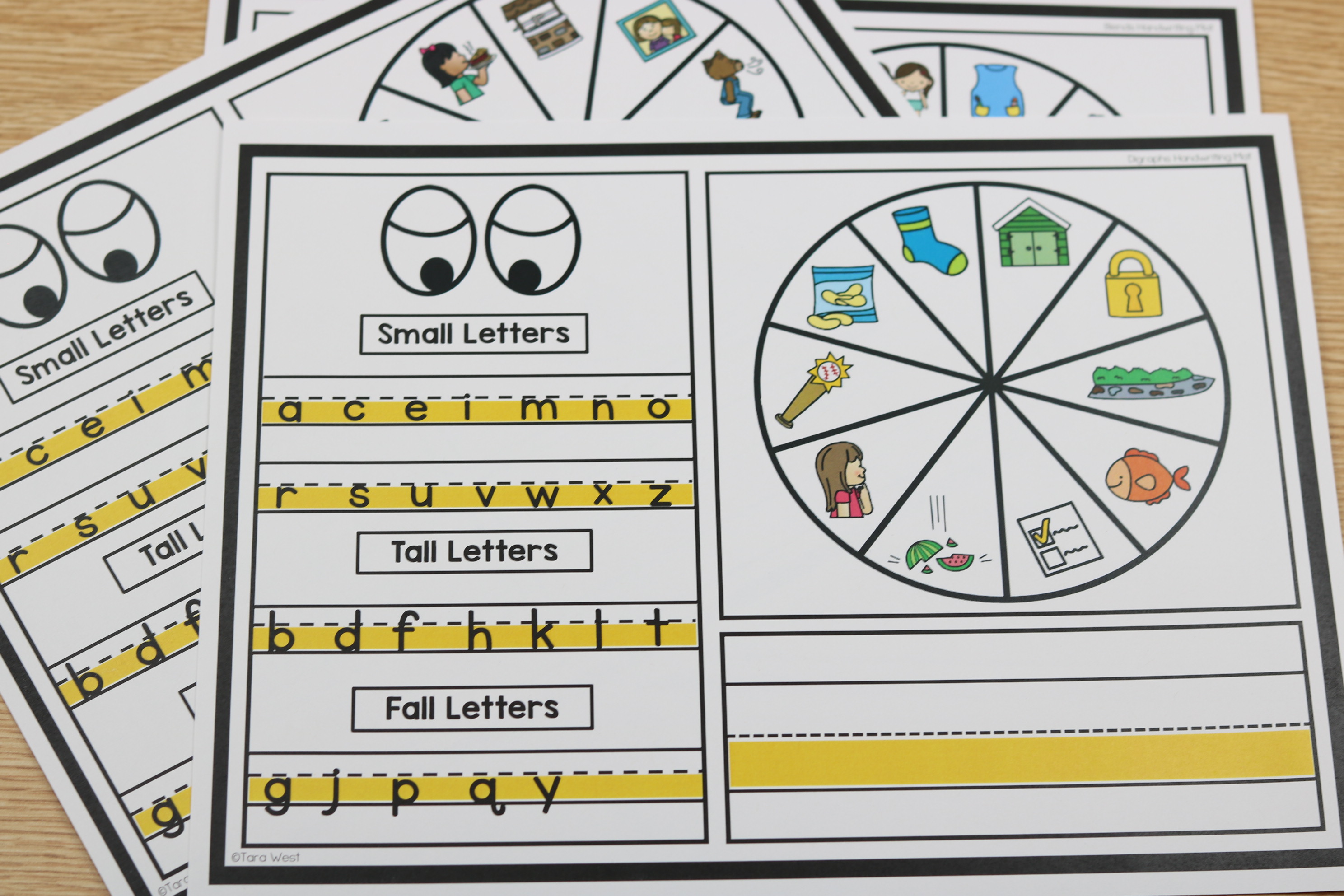 Free digraphs and CCVC spin and write mats using tall, small, and fall handwriting chart.