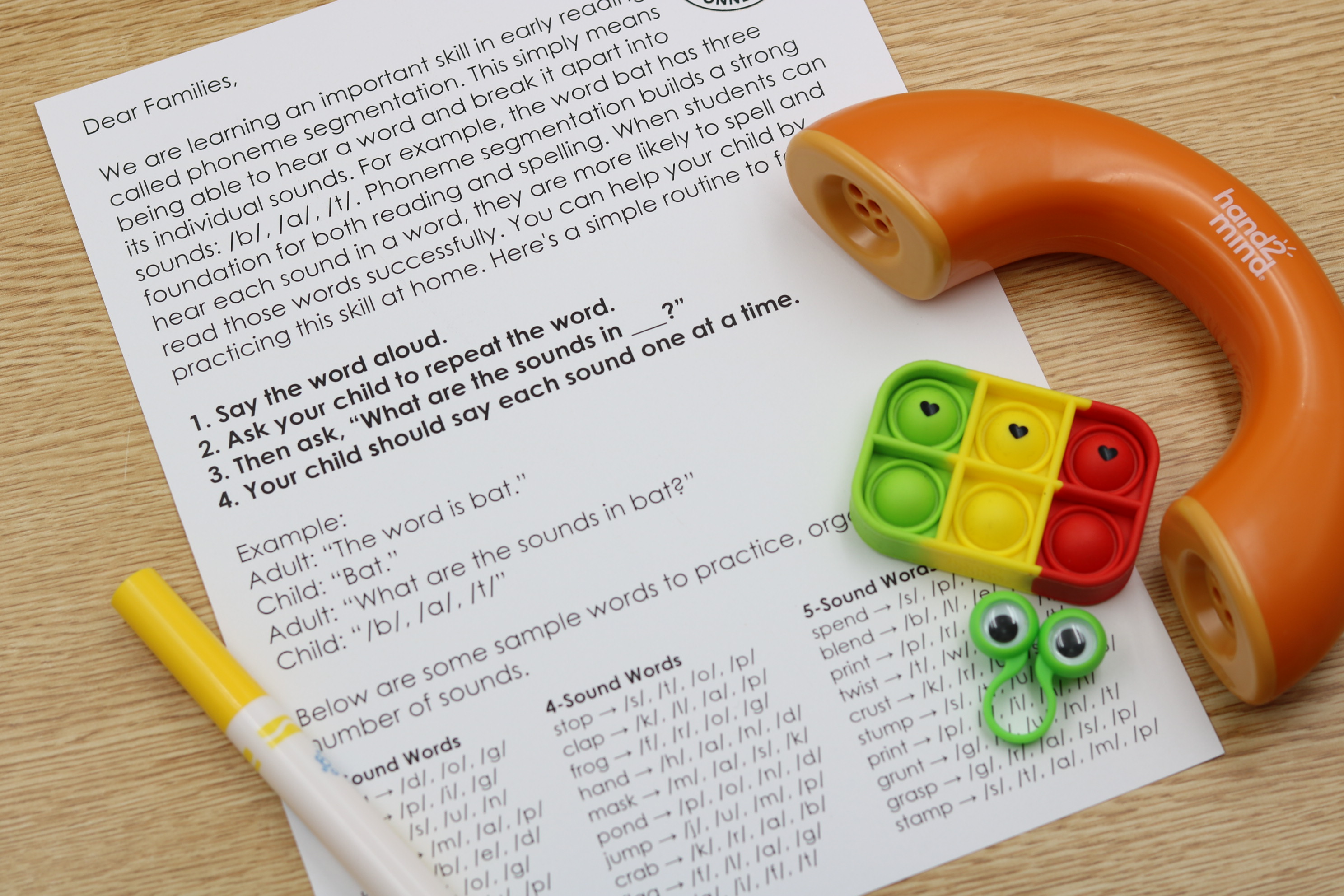 Free parent note for phoneme segmentation practice at home